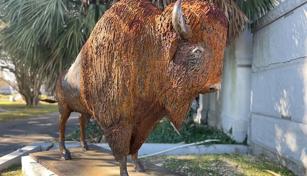 The image shows a rust-colored metal sculpture of a bison placed outdoors with vegetation and architectural structures in the background