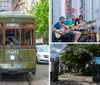 Passengers board an olive-green St Charles streetcar in a city setting surrounded by cars and pedestrians