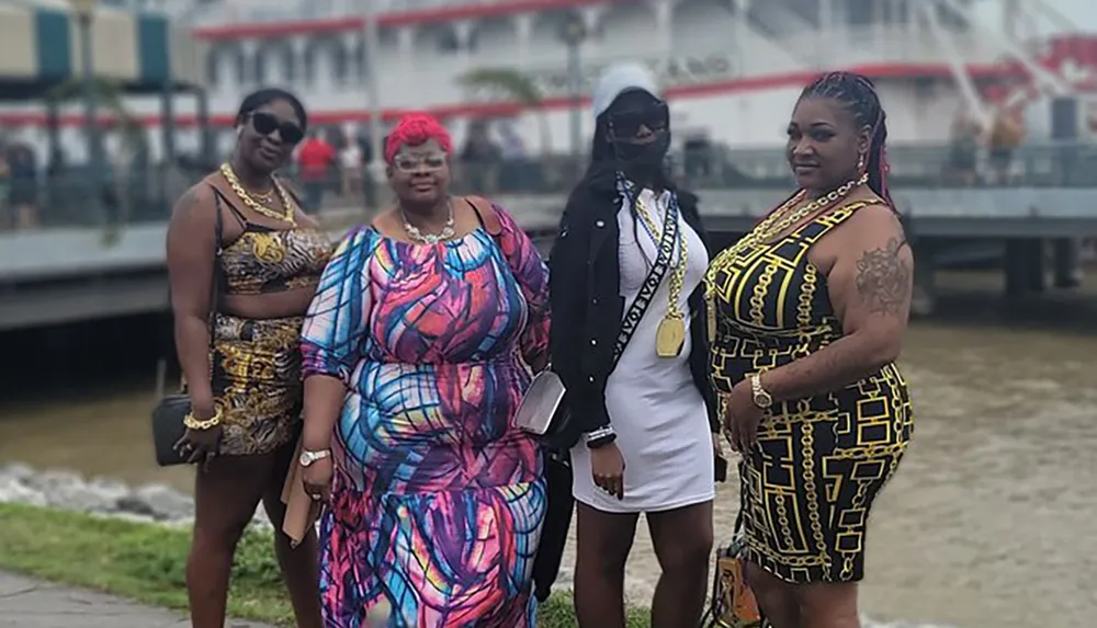 Four women pose for a photo outdoors near a waterfront dressed in stylish outfits
