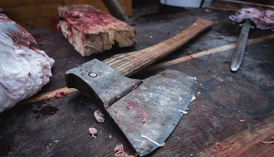 A cleaver and a knife rest on a worn wooden cutting board beside chunks of raw meat.