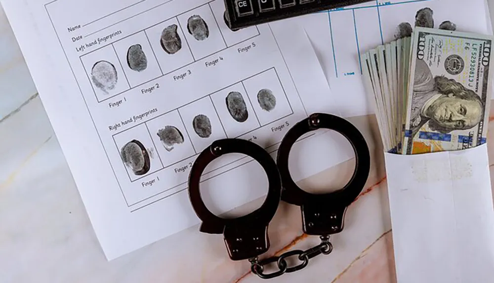 The image depicts a crime investigation scene with a fingerprint record sheet a pair of handcuffs and a stack of US dollar bills suggesting evidence collection related to a criminal case