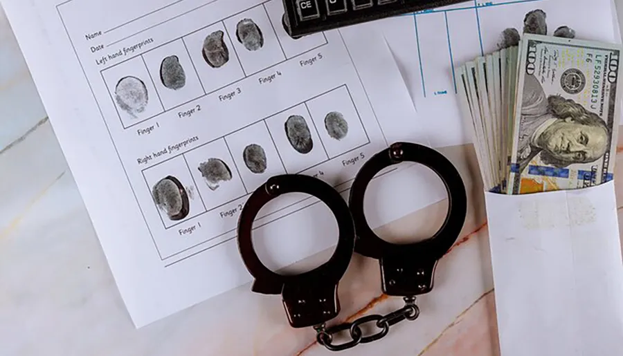 The image depicts a crime investigation scene with a fingerprint record sheet, a pair of handcuffs, and a stack of US dollar bills, suggesting evidence collection related to a criminal case.