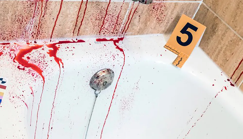 The image shows a bath tub with red streaks that resemble blood alongside an evidence marker numbered 5 suggesting a crime scene investigation scenario