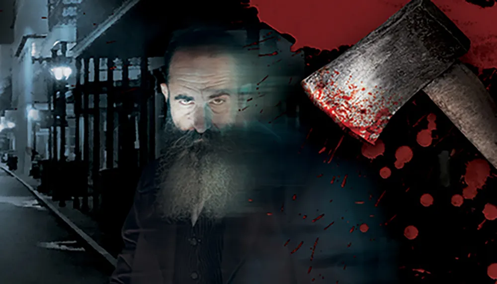 The image is a composite with a dark and ominous mood featuring a bearded man superimposed on a sinister-looking alleyway with an axe covered in blood on the right-hand side suggesting a horror or thriller theme