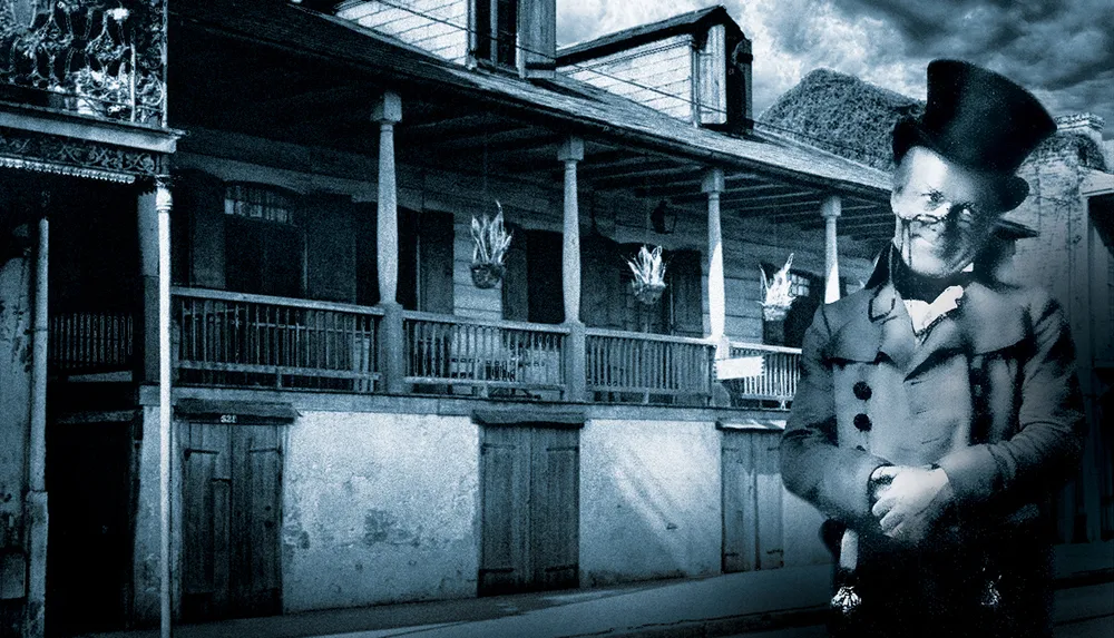 The image shows a stylized eerie portrayal of a man with a top hat in front of a vintage double-gallery house with an air of Gothic or haunted atmosphere