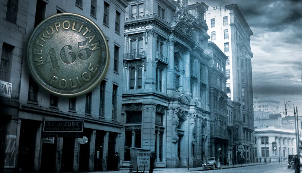 The image portrays an old-fashioned city street scene with a superimposed antique Metropolitan Police badge suggesting a historical or law enforcement theme