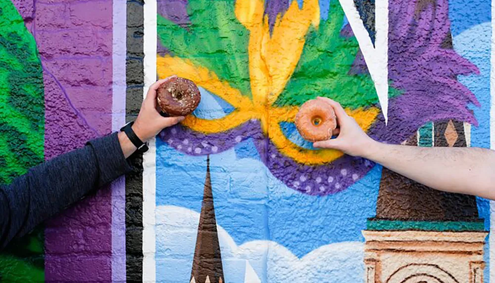 Two hands each holding a doughnut up against a colorful mural playfully substituting the doughnuts for the eyes of a painted face