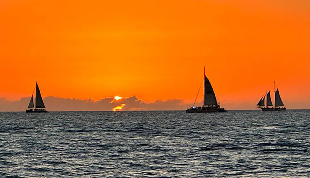 This image depicts sailboats on the sea against a backdrop of a stunning orange sunset