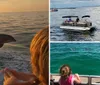 A dolphin is leaping out of the ocean waves near a boat at sunset while a person observes in the foreground