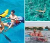 Two people are joyfully kayaking in clear blue waters using a transparent kayak