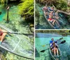 Two people are kayaking in clear water above an underwater scene of rocks and plants with the kayaks clear bottom offering a view into the pristine aquatic environment