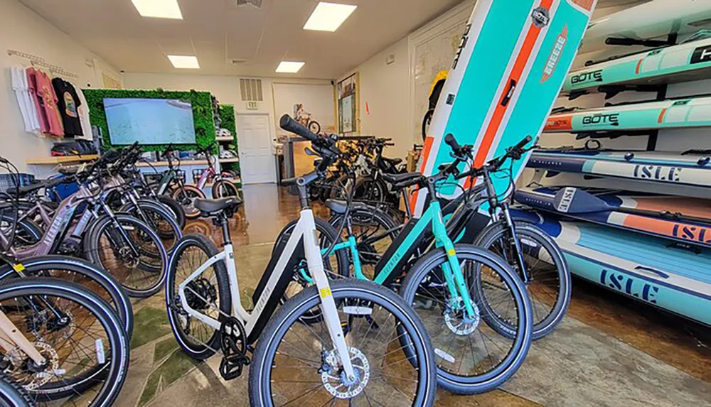 The image shows a shop interior with a display of electric bicycles in the forefront and a variety of colorful stand-up paddleboards stacked against the wall on the right suggesting an outdoor adventure or sports equipment store