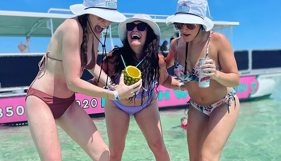 Three women in swimsuits and sun hats celebrate with a drink on a sunny beach day.