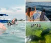 Two people wearing snorkeling gear give a thumbs-up in clear shallow water with boats and a beach in the background