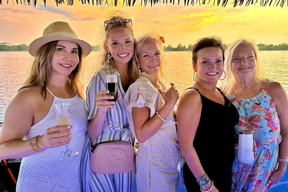 A group of five women are posing with drinks in hand at a scenic outdoor location with a beautiful sunset in the background