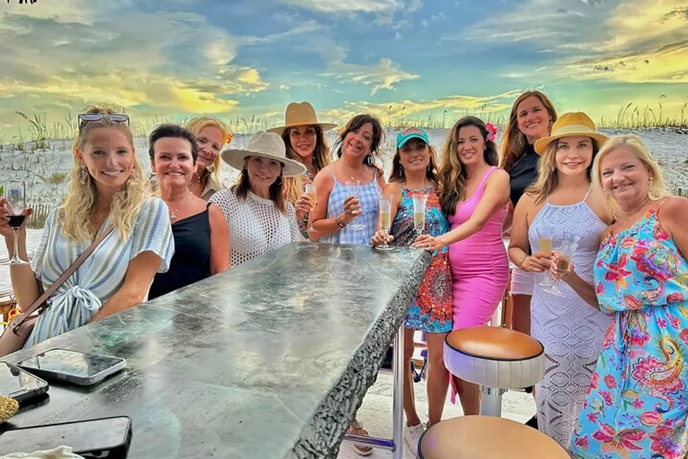 A group of women are enjoying a social gathering outdoors with drinks near a bar with a beautiful sky in the background