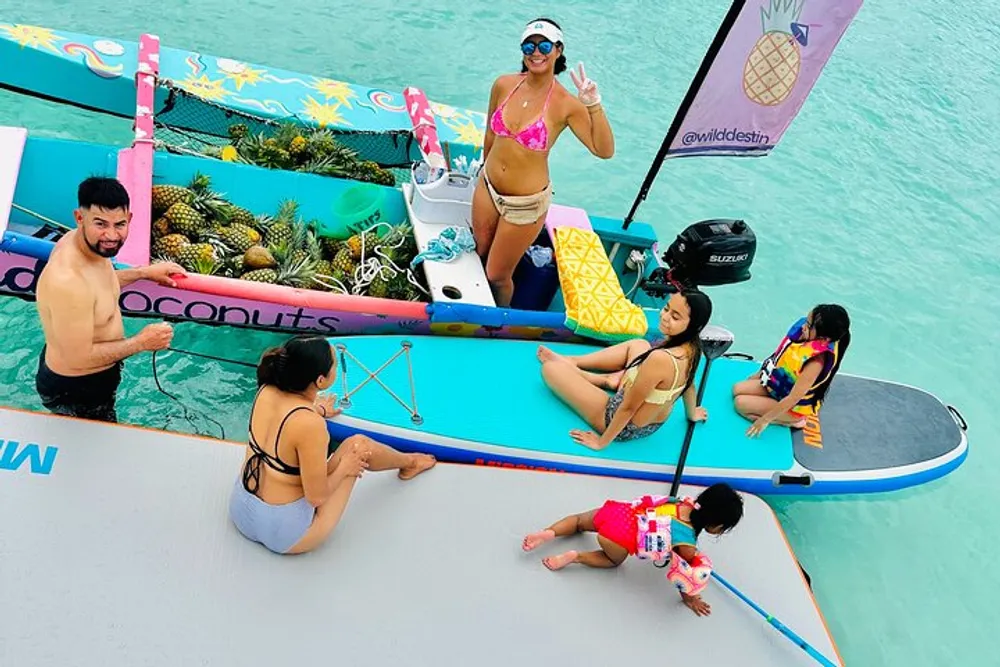 A group of people is enjoying time on a colorful floating platform in clear blue water with a woman standing and waving surrounded by tropical fruits and lounge areas