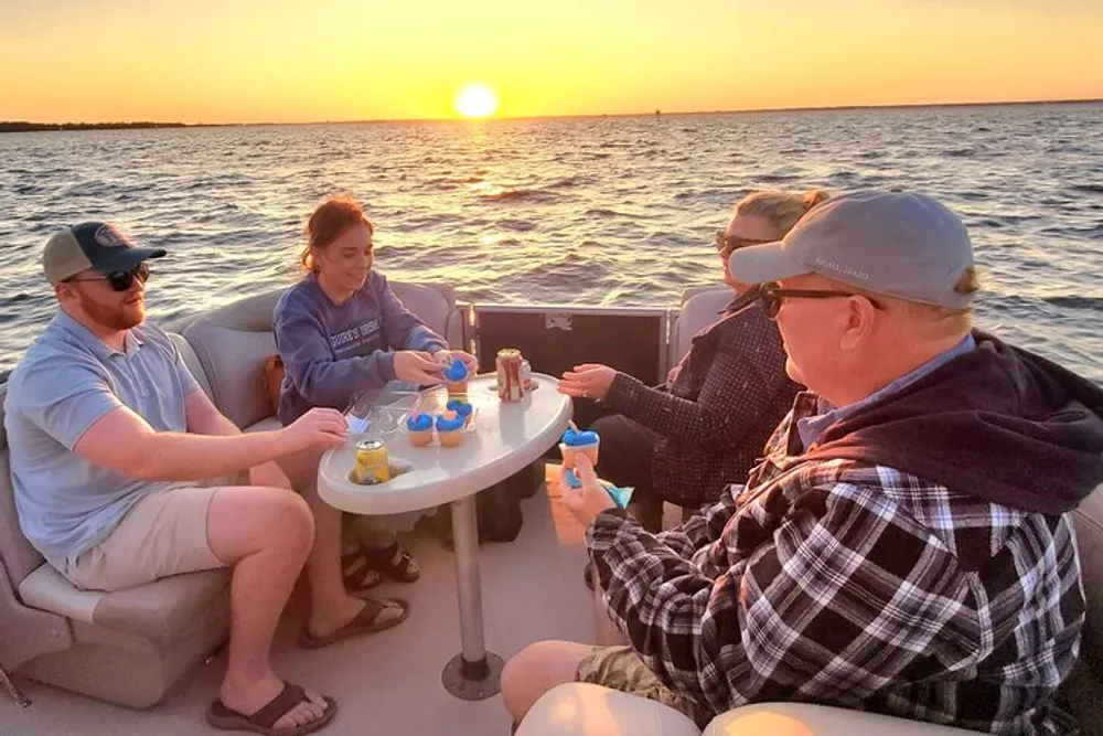 Four people are enjoying drinks and conversation around a small table on a boat at sunset