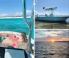 Two adults and a child are relaxing on a boat with clear turquoise waters in the background