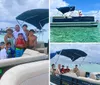 A group of people likely a family are posing for a photo on a pontoon boat enjoying a day on the water under an overcast sky