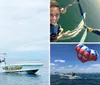 Two people are parasailing above the ocean towed by a boat that is moving swiftly across the water