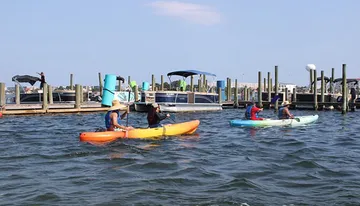 People are kayaking near a dock with several boats moored in the background.