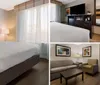 The image shows a neatly organized hotel room with two queen-size beds modern decor and natural light coming through sheer curtains