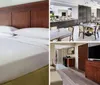 The image shows a neatly arranged hotel room with two queen-size beds crisp white linens and a classic decor