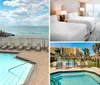 A swimming pool with lounge chairs overlooks a sandy beach dotted with visitors and umbrellas under a partly cloudy sky