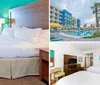 A bright hotel room featuring two beds with a turquoise accent wall leading to a balcony with an ocean view
