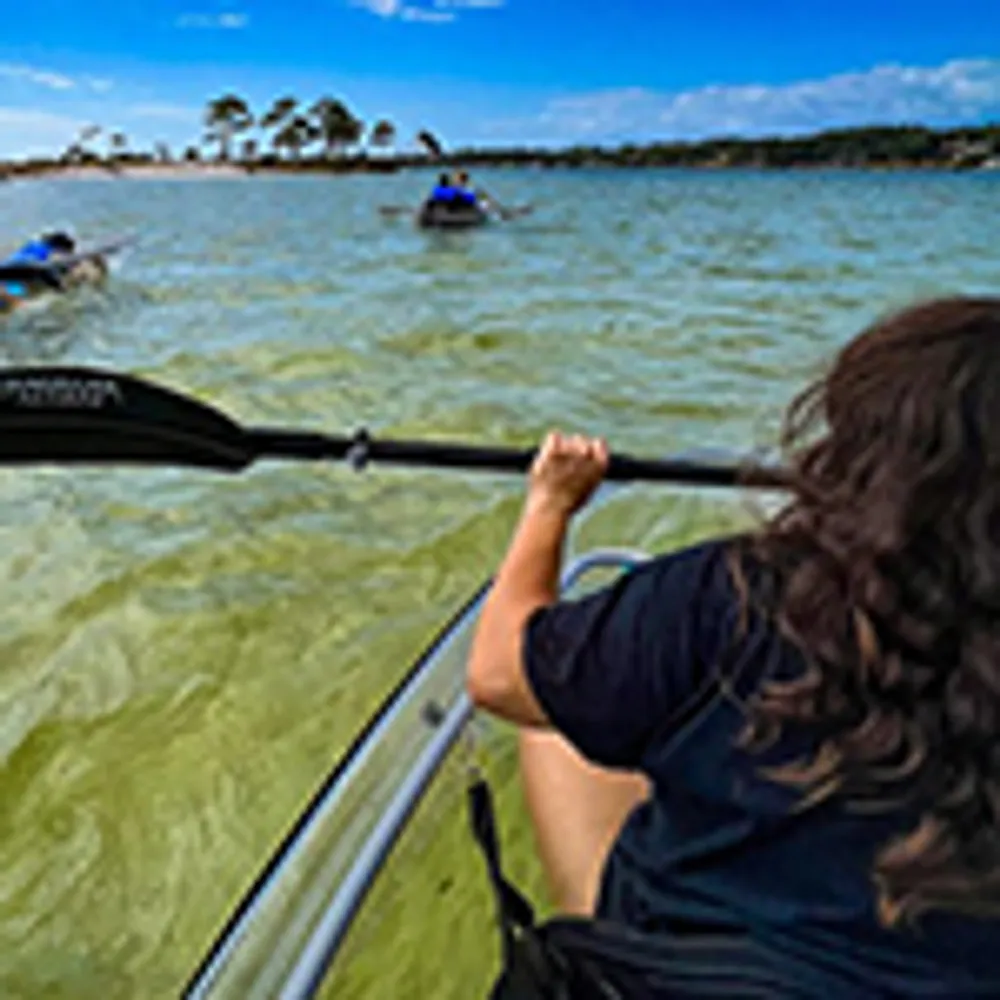 The image shows a person kayaking in clear waters following others toward a distant shoreline with trees under a blue sky