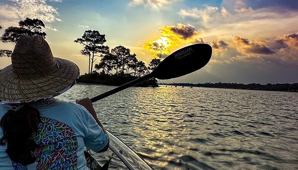 A person is kayaking on a body of water with a picturesque sunset ahead and trees silhouetted against the sky
