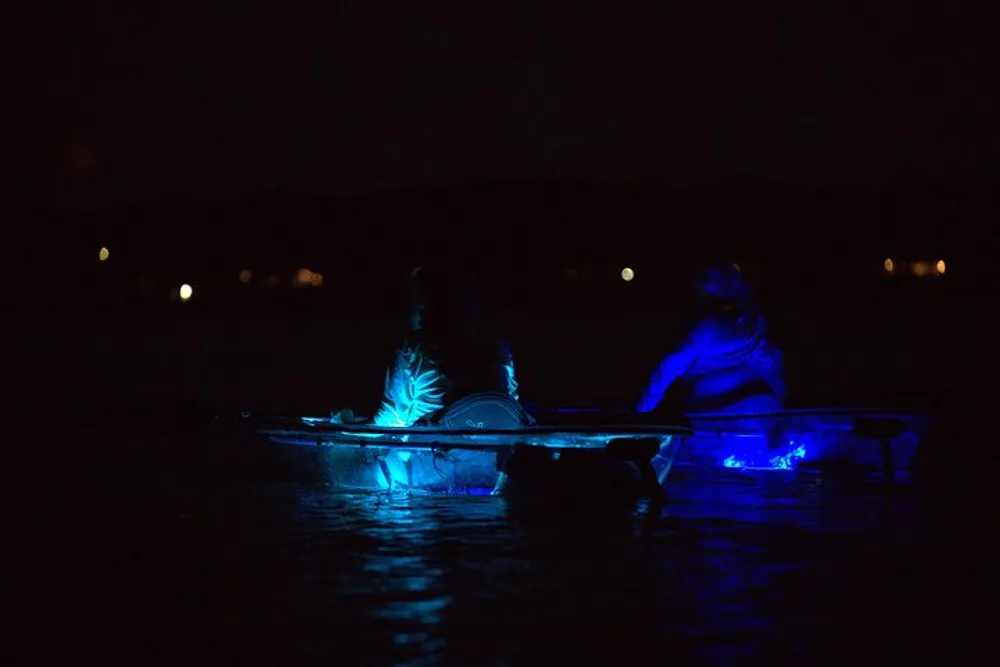 Two people are kayaking at night with their kayak illuminated by blue lights