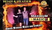 The image depicts a promotional poster featuring two illusionists named Noah and Heather, touting their 