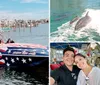 A group of people enjoy a ride on a speedboat adorned with an American flag design in a marina