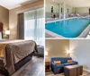 The image displays a collage showcasing various amenities of a hotel including a bedroom an indoor pool area with a hot tub and a sitting area with a couch and television