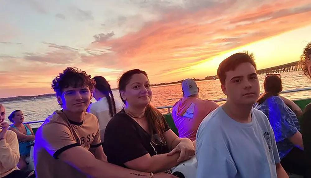 People are enjoying a scenic sunset boat ride with vibrant skies and calm waters in the background