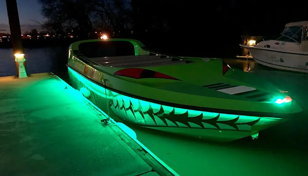 The image shows a boat designed to resemble a shark illuminated by green lights at dusk or night time docked next to a body of water