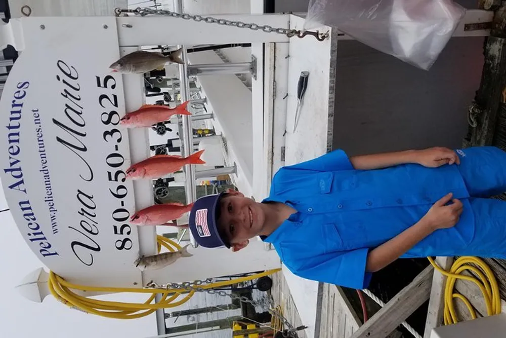 A smiling person in a blue shirt and a cap stands in front of a fishing charter sign with several fish hanging behind them showcasing a successful fishing trip