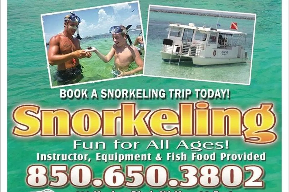 The image is an advertisement for booking a snorkeling trip highlighting that it is fun for all ages and includes an instructor equipment and fish food alongside images of a person snorkeling and a boat