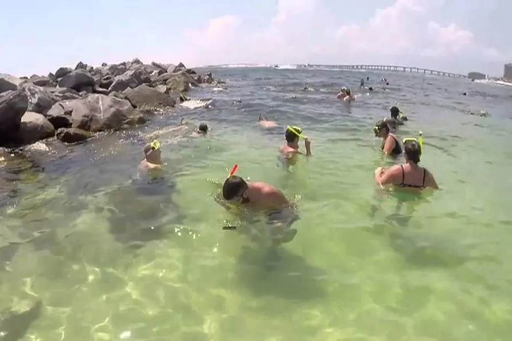 The image shows a group of people snorkeling near a rocky outcrop in clear shallow water with a bridge visible in the background
