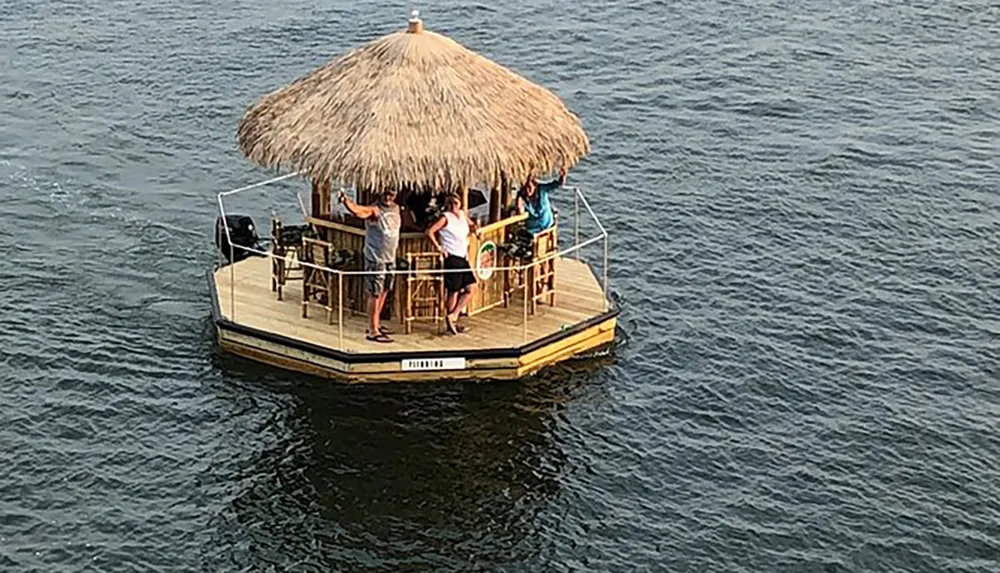 A group of people is enjoying a gathering on a thatched-roof floating bar on the water