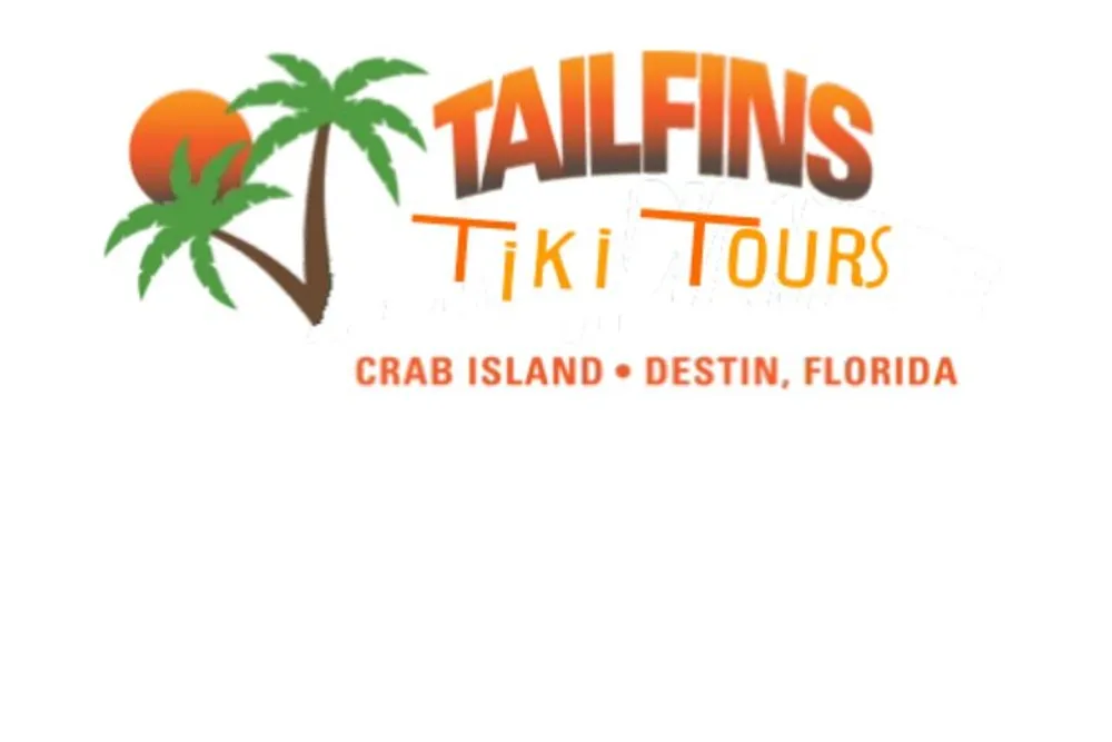 The image shows the logo for Tailfins Tiki Tours indicating a tour company associated with Crab Island in Destin Florida and features stylized text along with a palm tree and sunset graphic