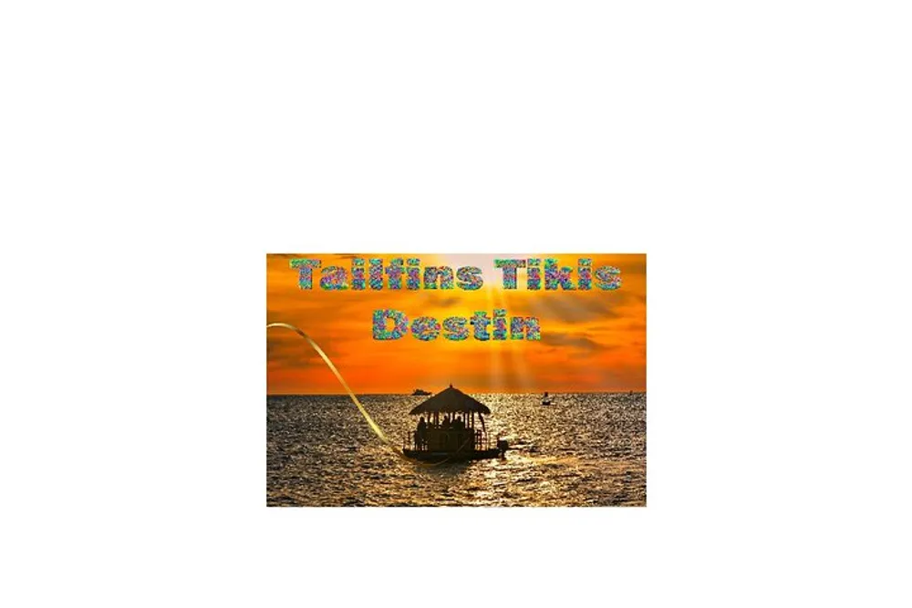 The image features a text overlay that says Talking Tiki Destin over a sunset scene with a small gazebo-like structure on the water possibly a tiki bar with a jet of water arching over it