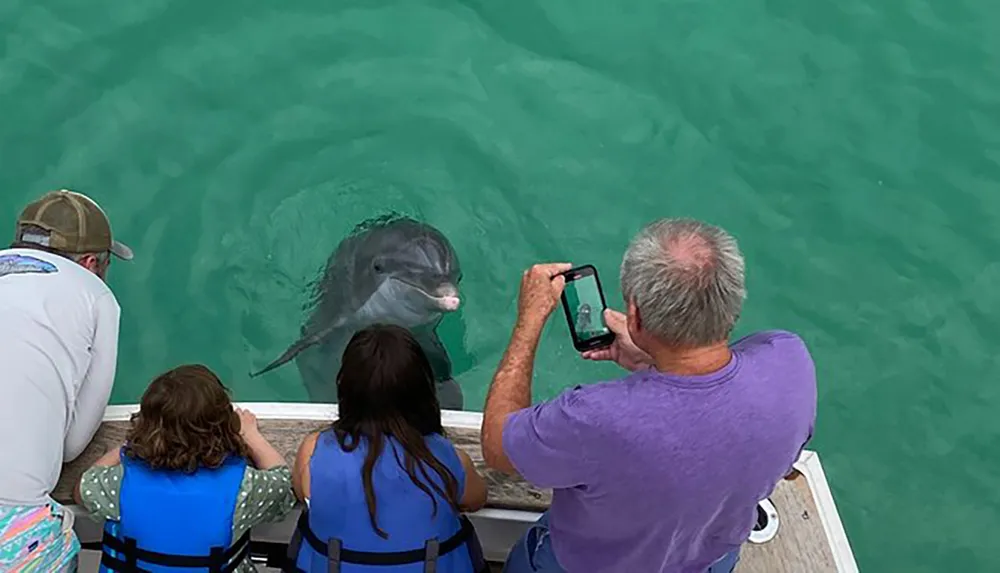 Two children and two adults are watching a dolphin near a boat as one adult captures the moment with his smartphone