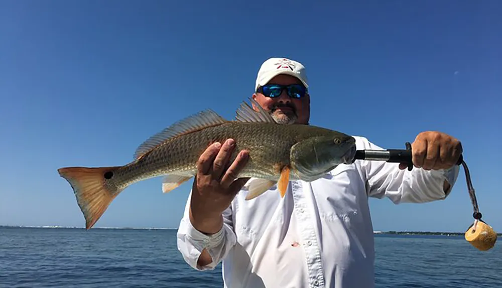 A person is holding a large fish in front of a calm blue sea under a clear sky