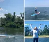 A person is paddleboarding on calm water with lush greenery in the background