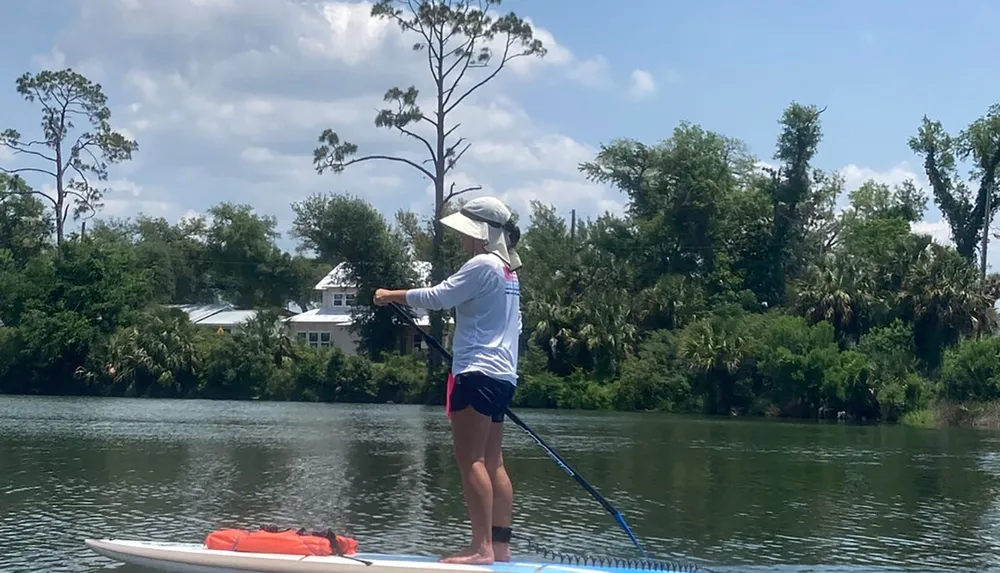 A person is paddleboarding on calm water with lush greenery in the background