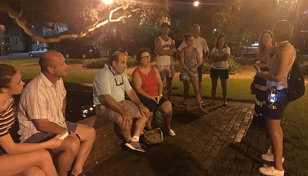 A group of people are gathered at night listening attentively to a speaker standing to the right possibly during an outdoor event or tour