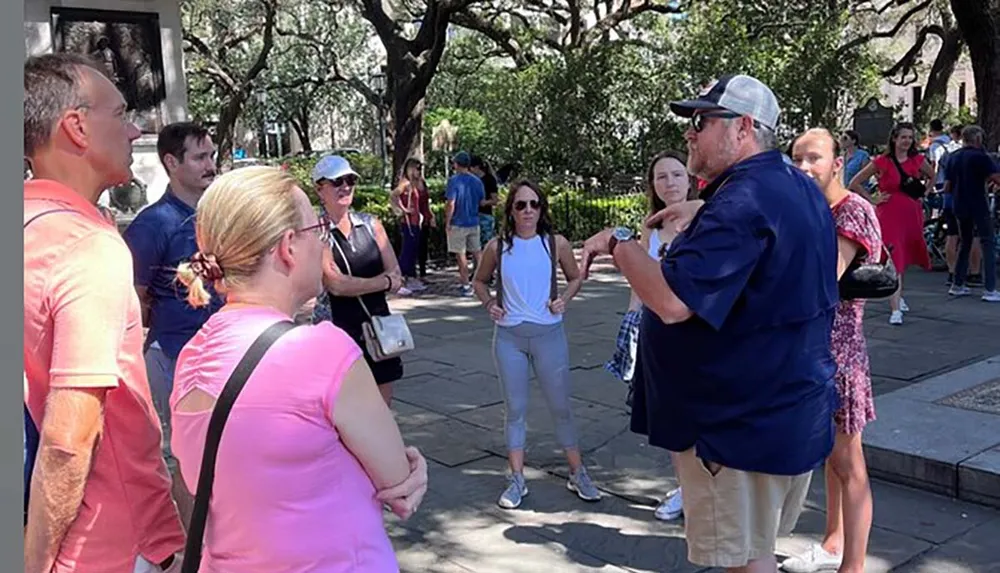 A group of people is attentively listening to a tour guide in an outdoor setting with trees in the background